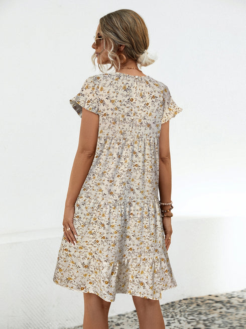 Frill Floral Round Neck Short Sleeve Tiered Dress - Odaingerous